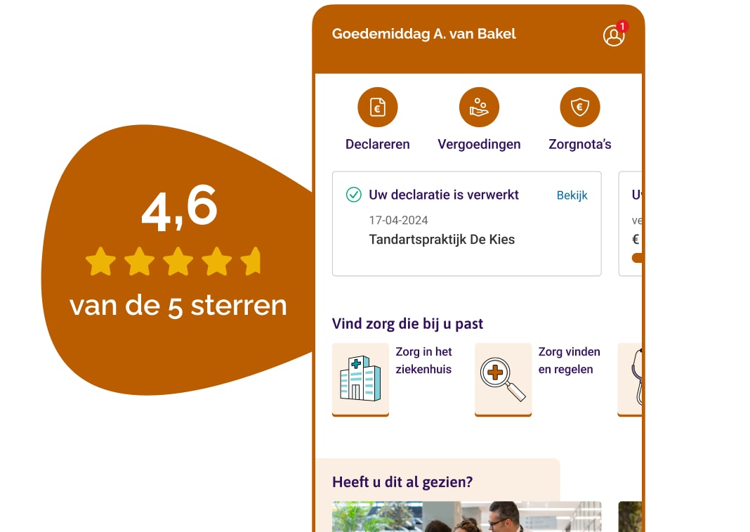 Het startscherm van de Zorgzaam Zorg app met uw openstaande facturen, de stand van uw eigen risico en uw declaratieoverzicht